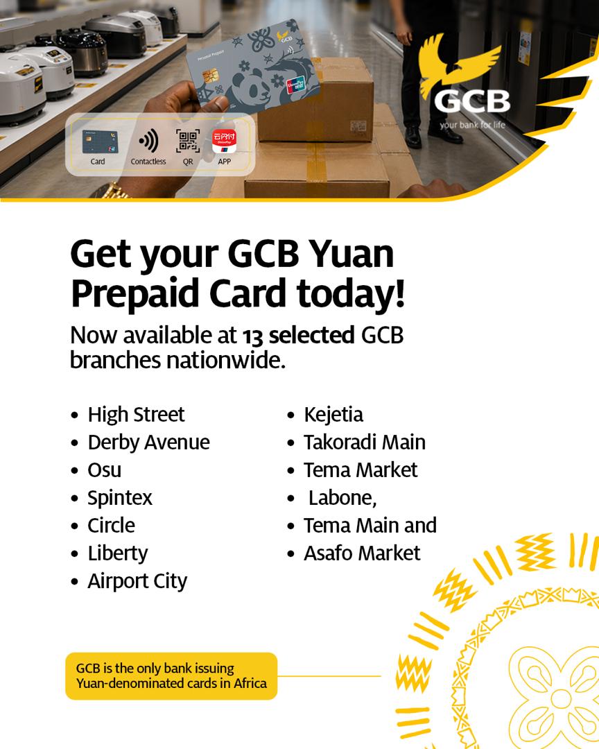 GCBBankPLC's tweet photo. Doing business or travelling to China? Pay directly in Yuan with the GCB Yuan Prepaid Card!
Enjoy convenient payments via card, contactless, QR and app channels.
Visit any of the selected GCB branches listed above to get yours today.
#GCBYuanPrepaidCard #GCBBank #UnionPay #YourBank4Life