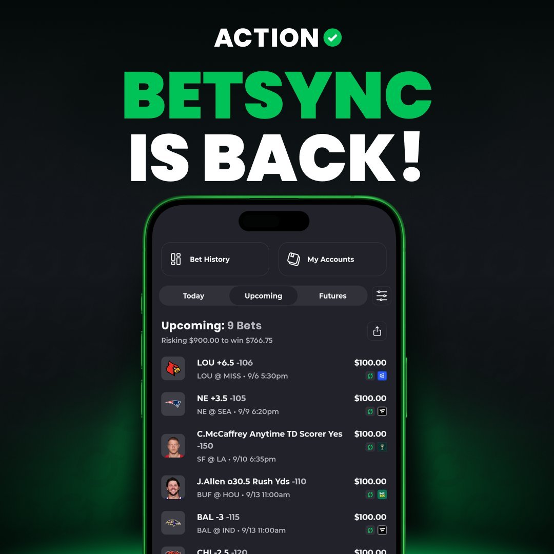 ParlayScience's tweet photo. BETSYNC IS BACK 🙌

With all these sports firing at once, the timing couldn’t be better.

Connect your sportsbook in the Action app and track all your bets in one place. https://t.co/2uyN52eCXx