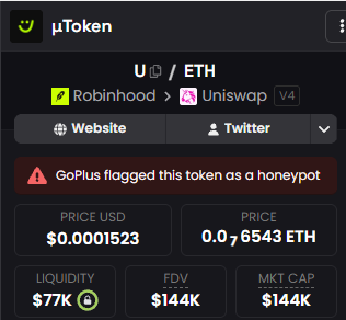 0xhadrian's tweet photo. @GoPlusSecurity Upeg and UToken are flagged as honeypot with zero changes to either contract. Both traded fine and passed your scans for months. A false flag like this hurts real holders. Was this a manual edit? We expect a fix asap and an explanation of what triggered it.
uToken 0x3E17c94Ba8112380eF81A43fc33b08Ca6284fB33
UPEG 0x44b28991B167582F18BA0259e0173176ca125505