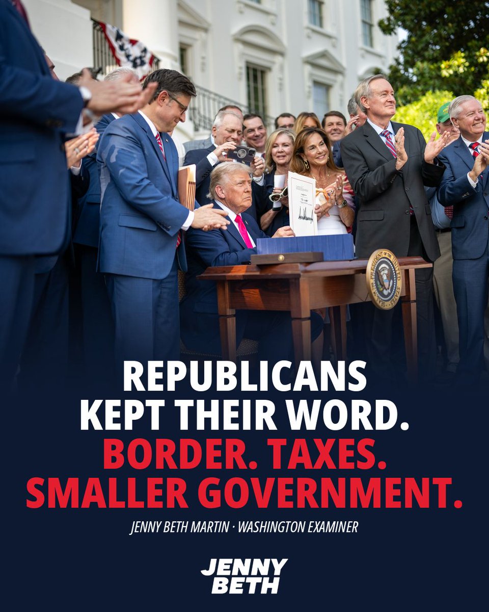 jennybethm's tweet photo. Republicans in Congress kept their promises: border security, permanent tax cuts, smaller federal government.

FY2025 border encounters hit a 50-year low, with monthly encounters under 10,000 since February 2025. Congress made the 2017 tax cuts permanent in 2025.

Read my new Washington Examiner op-ed: link in the first reply.

Democrats on the ballot promise to reverse all three. Choose common sense over crazy!