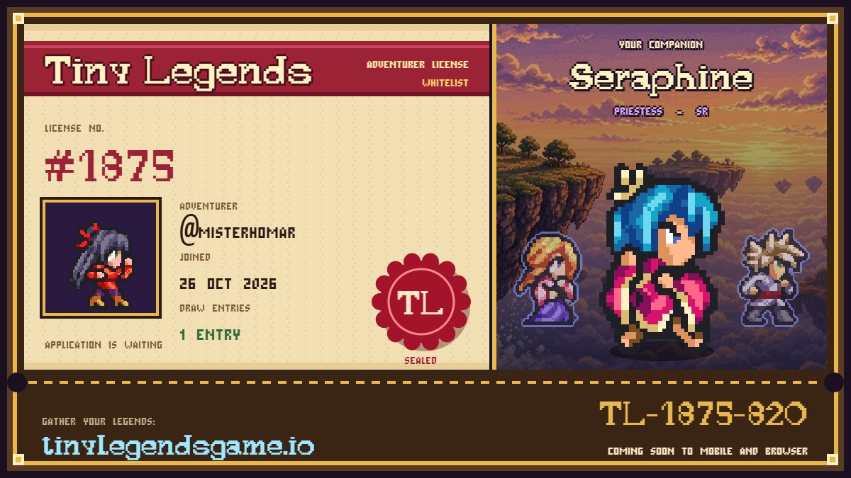Misterhomar's tweet photo. My Tiny Legends whitelist application is in (spot #1875)! Pixel idle RPG, coming soon to mobile and browser. Join with my link: @Tinylegends_io https://t.co/MOommt3O12 https://t.co/0jdSDt7o4j