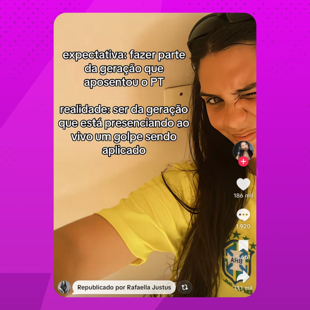 poptime's tweet photo. Rafaella Sustus republica vídeo insinuando GOLPE nas eleições presidenciais:

"Expectativa: fazer parte da geração que aposentou o PT. Realidade: Ser da geração que está presenciando ao vivo um golpe sendo aplicado." https://t.co/bgZKLErupc