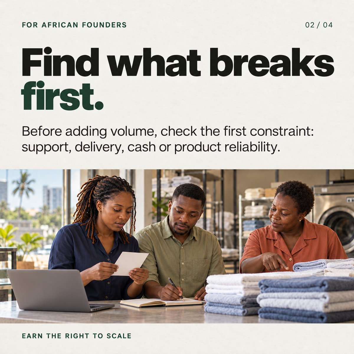 seunsanni1's tweet photo. Growth should follow repeatable value. Confirm customers reach the same useful outcome, find the first constraint and expand one reliable path while quality, retention and cost still hold.
#AfricanFounders #StartupGrowth #StartupTips https://t.co/lQdCci4kvk