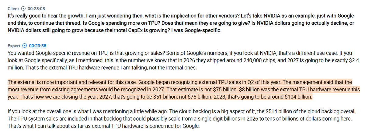 RihardJarc's tweet photo. Interview with a Former MediaTek employee on why a few hyperscalers will determine how the AI chip market evolves ($NVDA, $AMD, $AVGO, $AMZN, $GOOGL):

1. The expert describes $AMD's possible role in $GOOGL's TPU program as an early-stage discussion tied to v10, with nothing confirmed for v11. $AMD would mainly bring packaging and heterogeneous integration expertise, plus CPU IP, since placing CPU cores alongside the TPU could cut communication overhead and improve latency for agentic AI and reinforcement learning workloads. He does not see this as $AMD replacing $AVGO, whose significant share in the TPU is not in danger, but as part of $GOOGL's consistent strategy of diversifying its vendors.

2. He puts $GOOGL's external TPU hardware revenue at about $8 billion this year, rising to roughly $51 billion in 2027 and around $104 billion in 2028. $GOOGL began recognizing external TPU sales in Q2 of this year, and management has said most revenue from existing agreements will be recognized in 2027. The expert notes these sales sit inside $GOOGL's roughly $514 billion cloud backlog, which could scale TPU system sales from single-digit billions in 2026 to tens of billions in the following years.

3. The expert agrees that $NVDA can keep growing in dollar terms even as custom silicon takes share, because total AI demand is expanding so quickly. The real risk is the precedent rather than the loss of any single customer. If $GOOGL shows that custom accelerators have compelling economics, $MSFT and $AMZN may gain even more confidence in their own ASIC programs, which could pressure $NVDA's long-term share and pricing power.

4. According to the expert, $MSFT is the largest hyperscaler buyer of $NVDA GPUs, driven by heavy Azure AI demand, with $META also highly exposed because it relies on GPUs for large-scale training and inference despite its MTIA effort, which the expert says could have gone better. $AMZN is running both strategies, deploying $NVDA GPUs alongside Trainium and Inferentia, while $GOOGL is the clearest custom ASIC counterexample, remaining a meaningful $NVDA customer but a smaller one than $MSFT and $META.

5. The expert notes that more than half of $NVDA's data center revenue comes from these four hyperscalers, with 2025 shares of roughly 18% from $MSFT, 13% from $META, 9% from $AMZN, 9% from $GOOGL, and about 5% from $ORCL. The expert expects that split to shift in the coming year, with $GOOGL's dependency on $NVDA falling while $MSFT, $META, and $AMZN stay heavily reliant.

6. He expects CapEx at major cloud providers to keep rising in absolute dollars, from roughly $880-900 billion this year to about $1.3 trillion next year and around $1.5-1.7 trillion in 2028. The expert is confident the 2028 dollar increase will be larger than the 2027 increase, even though the percentage growth rate is slowing.

found on @AlphaSenseInc