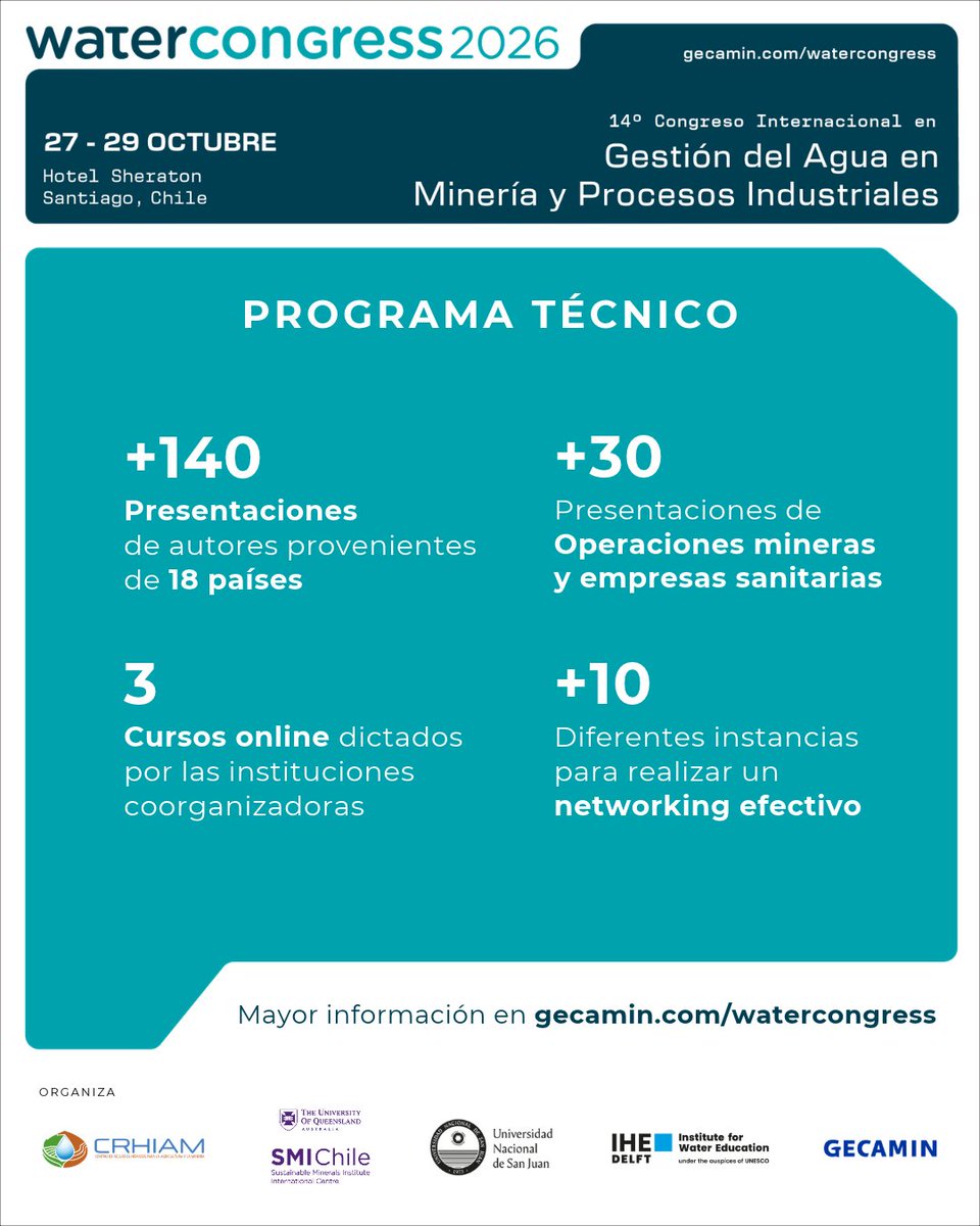 Sonami_Chile's tweet photo. El uso eficiente y responsable del agua es uno de los grandes desafíos para el futuro de la minería 💧🌊

Seremos parte de Water Congress 2026 como Institutional Partner, encuentro organizado por Gecamin que reunirá a especialistas y profesionales para analizar estrategias, tecnologías y herramientas asociadas al abastecimiento, uso eficiente y gestión responsable del agua.

Para la industria minera, avanzar en seguridad hídrica, nuevas fuentes de abastecimiento, recirculación, desalinización, eficiencia operacional e innovación será clave para compatibilizar desarrollo productivo, sostenibilidad y cuidado de los territorios.

Un espacio relevante para seguir impulsando soluciones y colaboración frente a uno de los recursos más estratégicos para la minería.

@gecamin_conferences

#SONAMI360 #WaterCongress2026