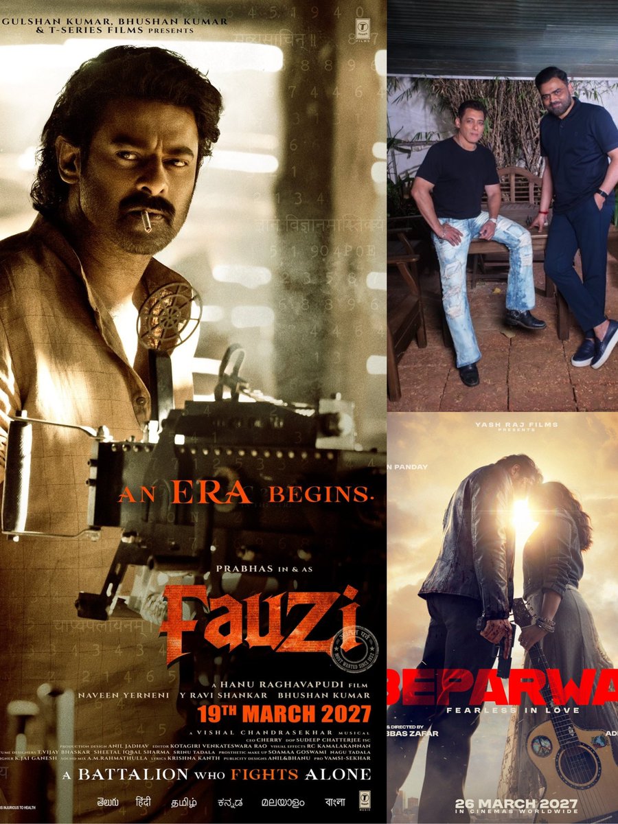 gotelugucinema's tweet photo. TOUGH COMPETITION FOR #PRABHAS’ #FAUZI IN THE NORTH! ⚔️
Prabhas’ #Fauzi is scheduled to release on March 19, 2027, while Salman Khan’s #Monster is set to hit theatres on March 10. Adding to the competition, Ahaan Panday’s YRF film #Beparwah is scheduled for release on March 26.
Bollywood megastar Salman Khan enjoys a massive fan following, and the Eid festive season could give #Monster an additional advantage at the box office. Meanwhile, YRF’s strong distribution network could help #Beparwah secure screens well in advance.
With three major releases arriving within a short span, T-Series and AA Films need to plan #Fauzi’s North Indian distribution strategy proactively and lock in theatres early to secure a strong screen count.