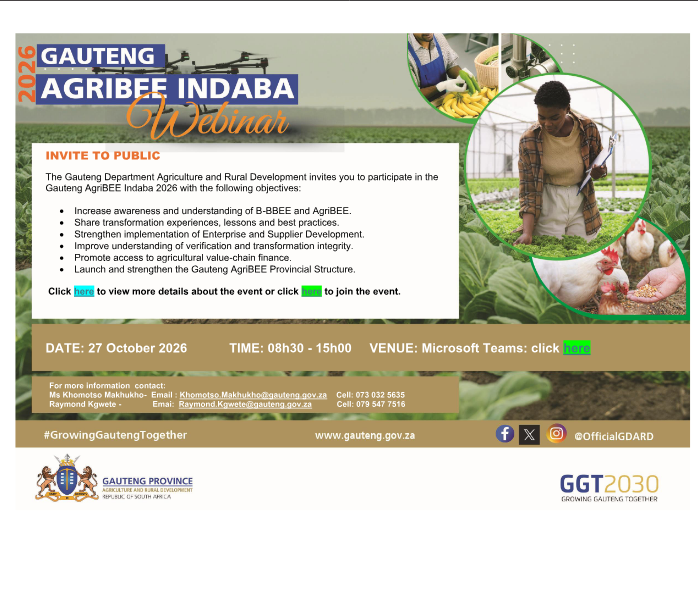 OfficialGDARD's tweet photo. Are you looking to expand your agricultural enterprise, gain access to value-chain finance, and better understand AgriBEE sector transformation? 📷📷
Join the GDARD
LINK: https://t.co/HyiZ6kOQhd...
#GautengAgriBEE2026 #GrowingGautengTogether #GDARD #GGT2030 #OfficialGDARD https://t.co/Zd2r146Ins
