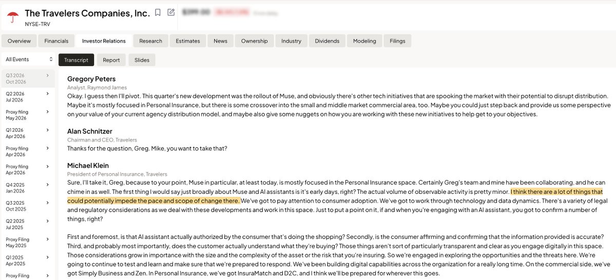 TheTranscript_'s tweet photo. $TRV Travelers Exec raises concerns about AI shopping assistants like Muse:

"if and when you're engaging with an AI assistant, you got to confirm a number of things, right? First and foremost, is that AI assistant actually authorized by the consumer that's doing the shopping? Secondly, is the consumer affirming and confirming that the information provided is accurate? And third and probably most importantly, does the customer actually understand what they're buying? And those things aren't sort of particularly transparent and clear as you engage digitally in this space. And those considerations grow in importance with the size and the complexity of the asset or the risk that you're insuring"