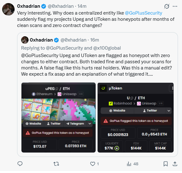 0xhadrian's tweet photo. @funnymoneycap @zacklabadie @TradePools Same thing happened to many other tokens including Upeg @unipegv4 https://t.co/b9ovCLJux2