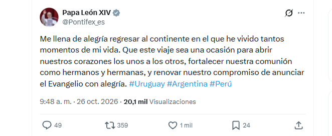 elnoticiero_6's tweet photo. #EN6 | #Internacionales El papa León XIV confirmó que realizará su viaje a Suramérica previsto del 6 al 17 de noviembre a Uruguay, Argentina y Perú. https://t.co/wGFOUWGufo
