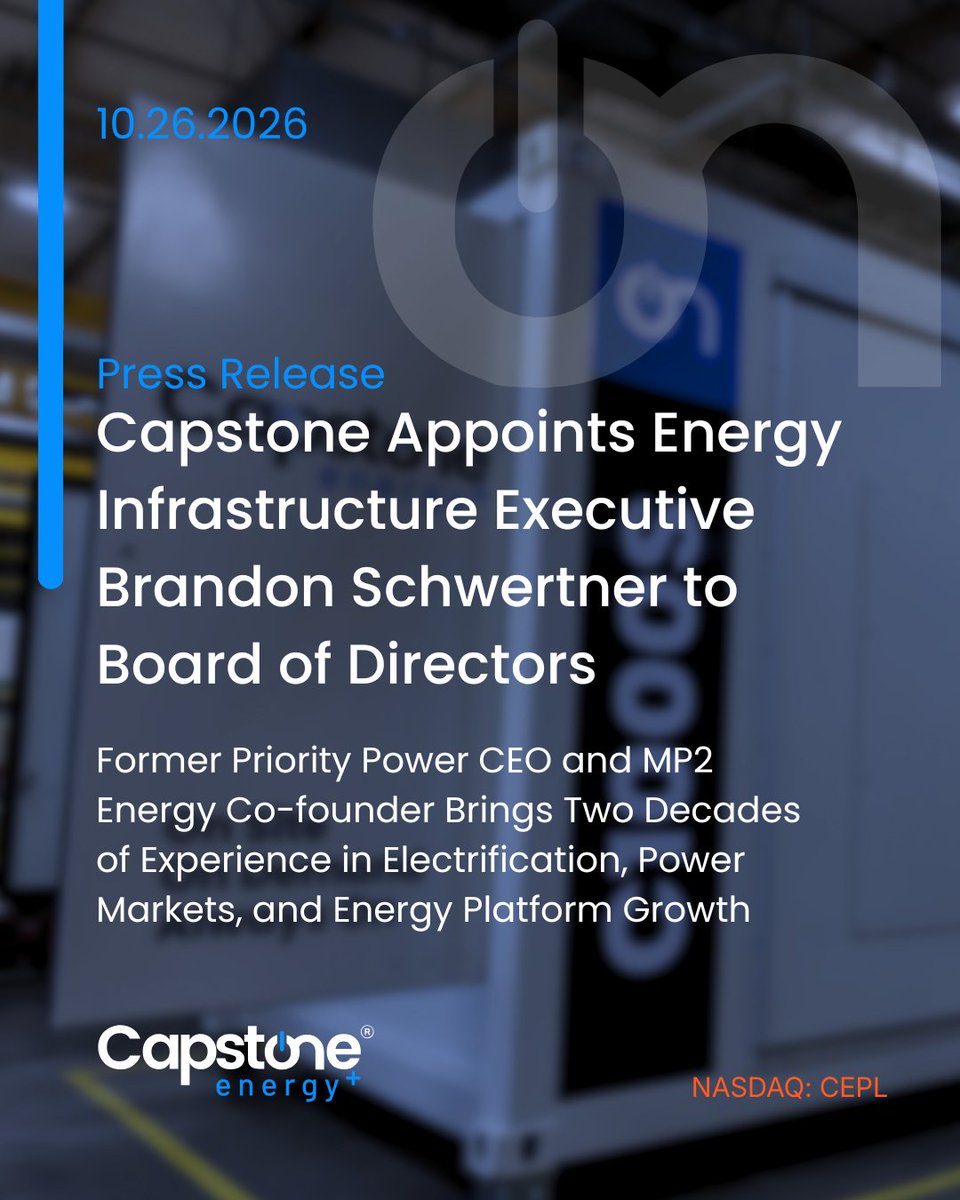 CapstoneEnergy's tweet photo. 📢 Capstone Energy+ Appoints Energy Infrastructure Executive Brandon Schwertner to Board of Directors

#CapstoneEnergyPlus #BoardOfDirectors #Leadership #EnergyInfrastructure #DataCenters #CEPL https://t.co/jPR3clKB54