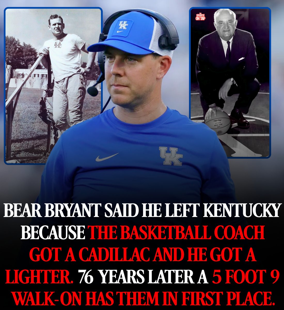 thesportsontap's tweet photo. Bear Bryant always said he left Kentucky over a cigarette lighter.

In 1950 his football team won the SEC for the first time in the history of the school. Adolph Rupp's basketball team won its league too.

The way Bryant told it, Rupp got handed a Cadillac and he got handed a lighter. He decided right there he was never going to be the main thing in Lexington.

He told that story for 25 years and put it in his 1975 book.

He quit after the 1953 season and went to Texas A&M. Alabama did not come until four years after that.

Now the part that nobody at Kentucky likes to hear. It almost certainly did not happen.

Historians at Kentucky and at Alabama have both gone looking and neither can find a Cadillac in 1950 or a lighter for Bryant anywhere. Rupp did get a Cadillac, in the mid 1950s, from boosters, for 25 years of service, by which point Bryant had been gone for two seasons. Bryant's own book reads like a man remembering a joke he told, not a slight he survived.

It did not matter. Kentucky believed it for 76 years. It was the reason. It was the curse. It was the thing you said at a bar in Lexington when somebody asked why the football never worked.

Today Kentucky sits alone in first place in the SEC. First time since Bryant's team did it.

The man who got them there is 37 years old and this is his first job running anything.

Will Stein grew up in St. Matthews, on the Louisville side of the state, in a house with Kentucky season tickets. His father Matt played defensive end for the Wildcats in the 1980s.

He is 5 foot 9. He threw 54 touchdown passes as a senior at Trinity High School and won a state championship in overtime, and not one FBS program offered him a scholarship. He sat there looking at Dayton, Wittenberg, Wabash and Centre.

So he walked on at Louisville and showed up ninth on the quarterback list. He started five games in his entire college career and spent the rest of it holding a clipboard behind Teddy Bridgewater.

Then he coached. High school in Texas, UTSA, and three years running the offense at Oregon, where they went 38 and 5.

Kentucky called this winter and he took it in about a second.

"To do it at UK? I still pinch myself."

They are 6 and 1. They have beaten Texas A&M, LSU, South Carolina in overtime, and Oklahoma on Saturday.

Be straight about the calendar. It is the fourth week of October and the SEC has not even started eating its own yet. A lot of this can still go wrong.

But there is something to the fact that the man who left over a car he may never have been denied is the ghost in this building, and the man who finally moved it is 5 foot 9, had no offers at all, and never wanted to be anywhere else.