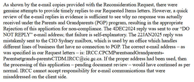 smeurrens's tweet photo. Federal Court rules that it was unreasonable for a visa officer to refuse to reconsider the return of an incomplete Parent and Grandparent sponsorship application.  

In their reconsideration request, the applicant explained that they had accidentally sent the required documents to the wrong IRCC email address. They also provided the missing documents. 

IRCC refused to reconsider the application, stating that it could not accept responsibility for emails sent to the wrong address by applicants. 

The Federal Court affirmed that "while there is no obligation on an immigration officer to reconsider an application for permanent residence, the case law is clear that, on the basis of fairness and common sense, a visa officer should reconsider a file if, within days of a negative decision of an application that has been outstanding for a number of years, new evidence that confirms a material fact is presented."

https://t.co/TXPBeEAhyG