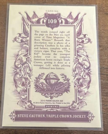hofnpopper's tweet photo. Here is a different card a horse jockey. This is Steve Cauthen and he was the youngest jockey to win the Triple Crown. The Panini Golden Age cards have a little of everything in them. #CardCollection #HorseRacing https://t.co/HdXlqFdk2m