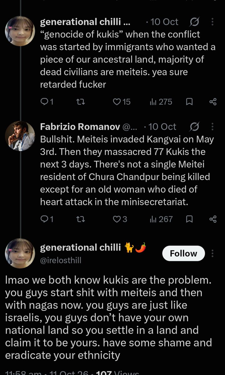 OfflineNeon's tweet photo. Ofc not surprised she is Meitie manipur, being racist towards us  and calling us p@jeets and other racist slurs for no reason, we are not pathetic like u Meities using racist slurs for no reason, all the karma meitie getting in form of kuki is well deserved. https://t.co/JpjXWiozz7