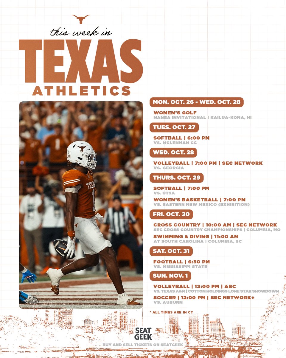 TexasLonghorns's tweet photo. on the docket this week 🗓️

#HookEm https://t.co/i2XMKEZPYC