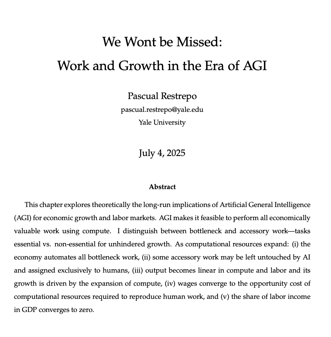 HowToPrompt__'s tweet photo. Researchers mathematically proved that AI will destroy the middle class.

They published a terrifying paper modeling what happens to the global economy when artificial general intelligence fully scales.

Most people think agi just means a smarter chatbot, better coding assistants, or some temporary job displacement. this paper argues that the fundamental laws of macroeconomics are about to flip forever.

Here is the mindblowing part..

In the AGI era, human labor will no longer drive economic growth. at all.

Your salary will no longer be determined by your time, your university degree, or the scarcity of your skills. instead, your wage will be priced strictly by the cost of the gpu compute required to replicate your output.

If an AI agent running on a server can do your daily tasks for $2 in compute and electricity, your labor value is mathematically capped at $2.

This paper outlines a terrifying economic mechanism where "labor income converges to zero."

it suggests that if 50% of the human workforce just stopped going to work tomorrow, global gdp wouldn't drop a single percentage point.

In fact, the economy would continue to grow exponentially because compute, algorithms, and energy will have fully replaced human labor as the ultimate engine of production.

we are watching the death of the traditional economy in real-time..

Society is transitioning from being built on "human capital" to being based entirely on "compute capital." if your skills are easily simulated by a cluster of gpus, your economic leverage is completely gone.

humans are basically being priced out of their own economic system by silicon.

this is a formal, peer-reviewed economic model from Yale predicting the absolute end of trading time for money.