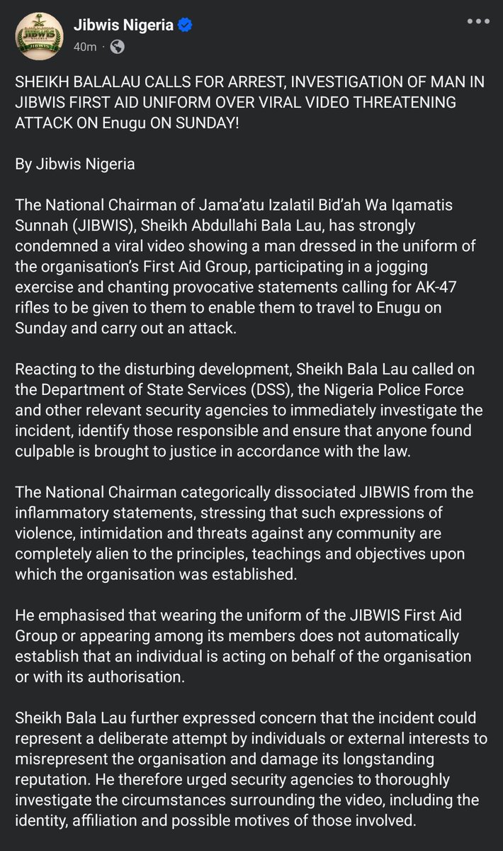 muslimsconnect0's tweet photo. SHEIKH BALALAU CALLS FOR ARREST, INVESTIGATION OF MAN IN JIBWIS FIRST AID UNIFORM OVER VIRAL VIDEO THREATENING ATTACK ON Enugu

By Jibwis Nigeria https://t.co/Q3tFdjymfD