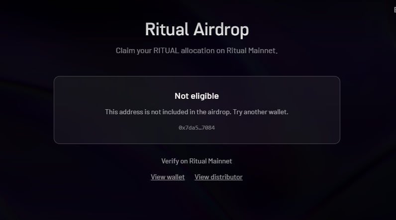 cryptonexxt's tweet photo. Ritual Airdrop Checker is LIVE! @ritualnet @ritualfnd

50M $RITUAL (0.5% of the initial supply) is allocated to eligible Infernet operators, Frenrug users, and long-time community members.

• 100% unlocked at launch

Check eligibility: https://t.co/ogChymjv49

• Chain ID: 784
• Gas token: $RITUAL
• Add network: https://t.co/8vvov5XUUx

Note: Native $RITUAL has no token contract address. Bridged token addresses are available in the official tokenomics post.

Check your eligibility through the official website.