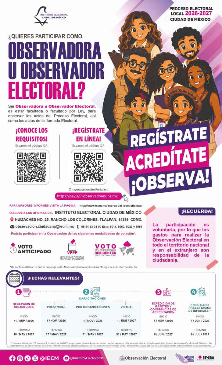 Distrito06IECM's tweet photo. 🗳️ ¡Participa en la Observación Electoral 2026-2027!

La DD06 del #IECM te invita a conocer y observar el proceso electoral.

📅 Regístrate hasta el 10 de mayo de 2027.

💻 https://t.co/AaKRCnhsVg

#ObservaciónElectoral https://t.co/AmiAfznpcU