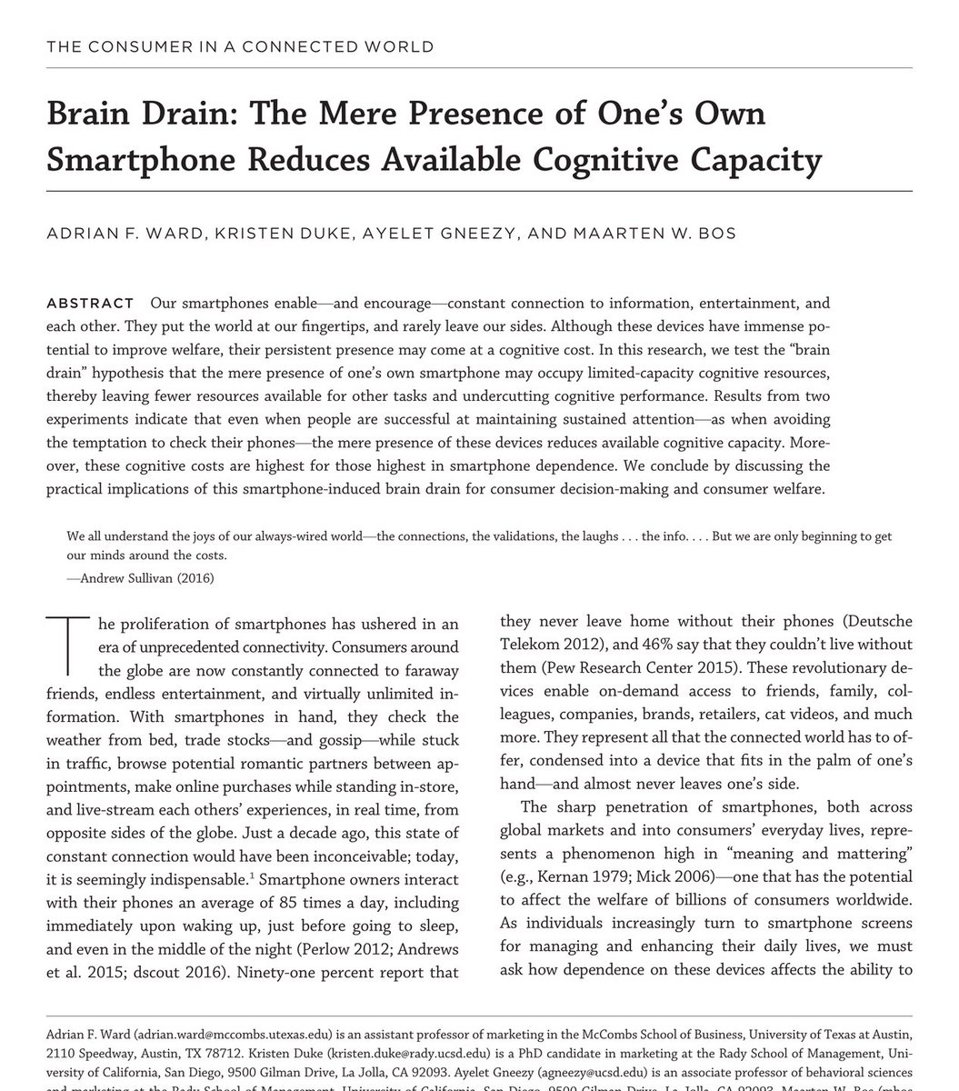 kyronis_talks's tweet photo. This paper answers why you can't think straight even when you're not touching your phone.

Researchers from UT Austin and UC San Diego published a paper that explains every unfinished task, every reread paragraph, and every afternoon that vanished.

It's called "Brain Drain."

they took 520 people and gave them tests of memory and problem solving.

the only difference was where their phone was.

on the desk, face down. in their pocket or bag. or in another room.

every phone was on silent. no buzzing. no notifications.

And the results are wild.

the people whose phones were in another room did significantly better than the people whose phones sat face down on the desk.

the closer the phone, the worse they scored.

then they ran it again and made half of them turn their phones completely off.

it didn't matter.

off and face down on the desk still drained the brain.

the paper revealed a brutal paradox:

most people said they weren't thinking about their phone at all.

75.9% said its location didn't affect their performance "at all."

they were wrong.

your brain spends energy just to not pick it up. a quiet, constant effort to ignore the most interesting object in the room.

that effort comes from the same tank you use to think.

and the more dependent people were on their phones, the bigger the hit.

you are not distracted because you're weak.

you are distracted because the most powerful attention machine ever built is sitting three inches from your hand.

the fix is almost insultingly simple.

put it in another room.