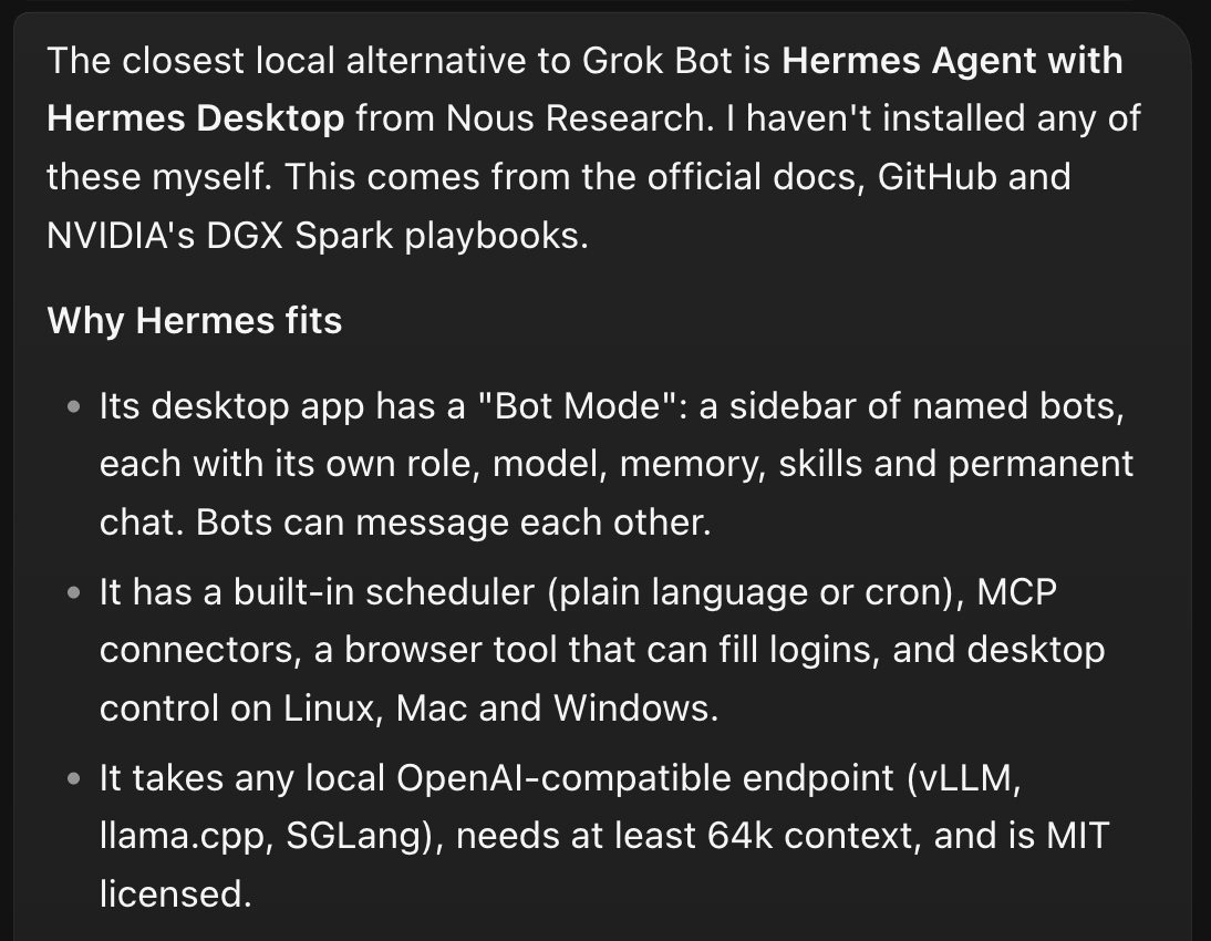 MiaAI_lab's tweet photo. Grok Bot says the closest alternative to Grok Bot is Hermes Agent with Hermes Desktop. https://t.co/iK0pjCz6HP