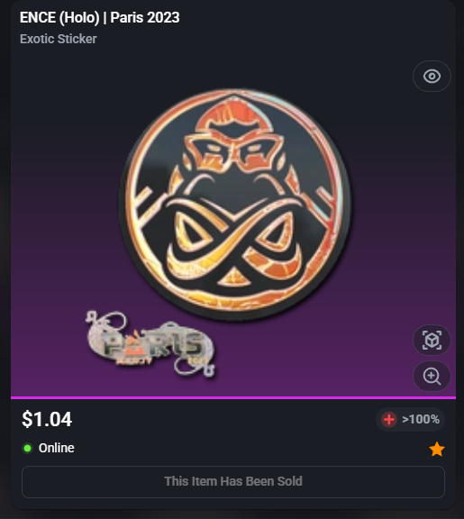 TheGreenFireCS's tweet photo. The ENCE (Holo) Paris 2023 sticker is up 845% today and went from selling at $0.11-0.12 to as high as $1.04 following the announcement of the team going bankrupt https://t.co/jjfLjWPRHx