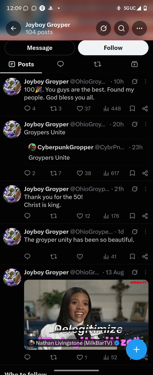 StunkySkuntank's tweet photo. 🚨Gentlemen, we are under attack. there is some sort of massive operation happening right now with hundreds of fake groyper accounts with pepe pfp posting endless f4f posts. Some of them are even giving away their plan, they appear to be saturating the groyper space with bots.🚨 https://t.co/P9z5RtxzSO