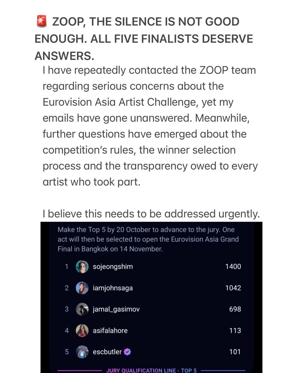 KianButler3's tweet photo. 🚨 ENOUGH IS ENOUGH. FOUR FINALISTS. SERIOUS QUESTIONS. NO ANSWERS.
This is no longer just one artist speaking up. The four of us raising these concerns deserve to be heard. We are asking for answers, not favours. 👀 #EurovisionAsia #Eurovision #zoop #escasia #esc @ZOOP https://t.co/g3iJzZoIWV