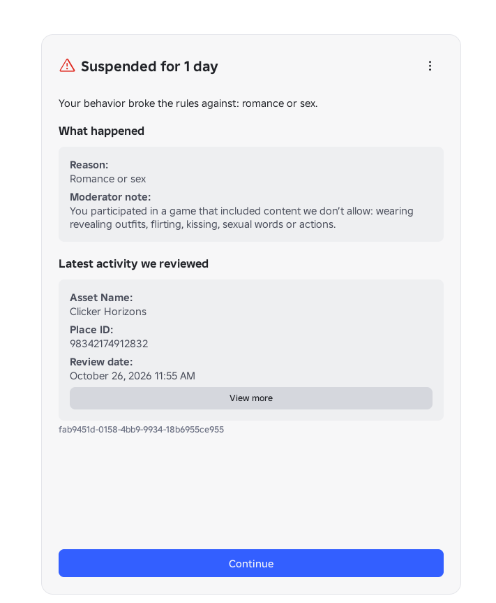 Dilman77931272's tweet photo. Second time in a week and a half.

Roblox's moderation needs to genuinely get better. NOTHING SEXUAL IN THE GAME. I wasn't the only person affected but I have sent the appeal
@Roblox lock in bro 🙏🙏🙏

#ROBLOX https://t.co/yQZ6i62Uoq