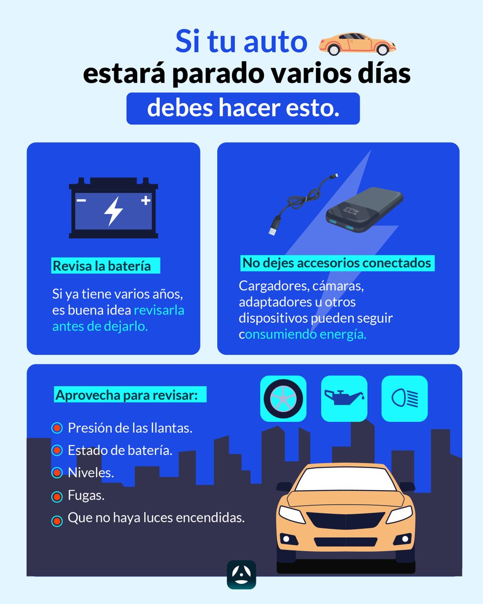 AutoChilango's tweet photo. ¿Vas a dejar tu coche varios días estacionado? 🔋🚗 Mejor prepáralo antes, porque la batería no sabe que estás de vacaciones. 😂

#Auto #AutoChilango #AuTips https://t.co/jXjnVqw1rh
