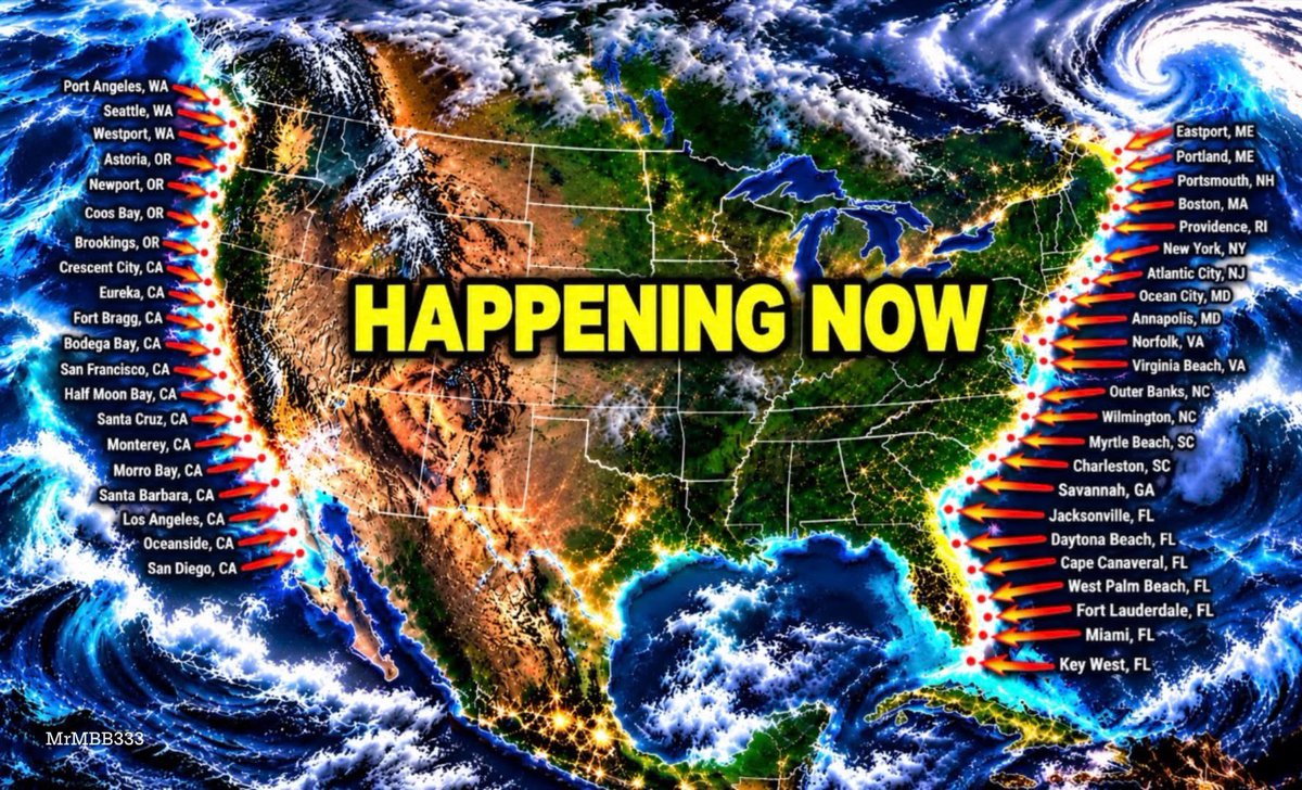 MrMBB333's tweet photo. KING TIDES RISE ALONG BOTH U.S. COASTS AS FULL MOON DRIVES COASTAL FLOOD THREAT

A powerful FULL MOON is bringing unusually high KING TIDES to BOTH U.S. coastlines, with some of the highest water levels expected over the next 48 to 72 hours.

Coastal flood alerts are in effect from California to portions of the Atlantic coast, where rising seawater threatens low-lying roads, neighborhoods and waterfront communities.

Parts of California could see tides nearly 2 FEET above normal, while portions of Florida and Georgia face coastal flooding up to 3.5 FEET above normally dry ground during peak high tides!

#MrMBB333 #KingTides #CoastalFlooding