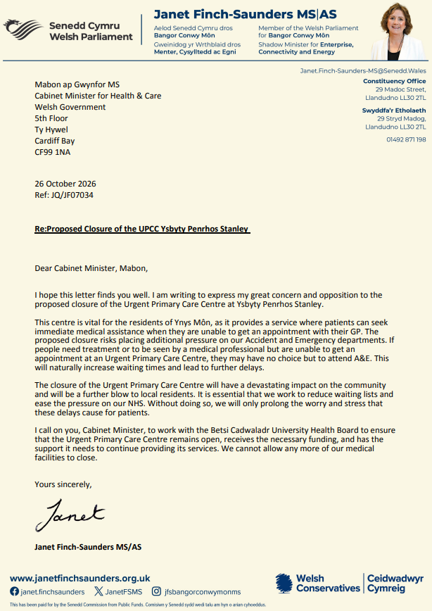 JanetFSMS's tweet photo. The proposed closure of the Urgent Primary Care Centre at Ysbyty Penrhos Stanley is deeply concerning. I have written to the Cabinet Minister for Health calling on his to intervene and prevent this closure. https://t.co/zbDHihTeUF https://t.co/nSH5Kd9Jtg