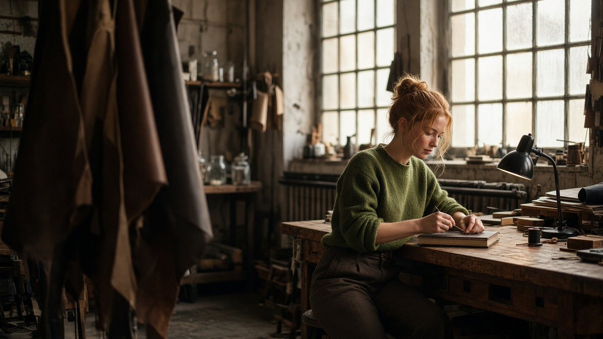 SofyLightAI's tweet photo. New England bookbinder's studio, late afternoon. Wide from across the room past the hanging hides, desk lamp against factory windows. Prompt in replies. #GrokImagine https://t.co/T5hc9pr13i