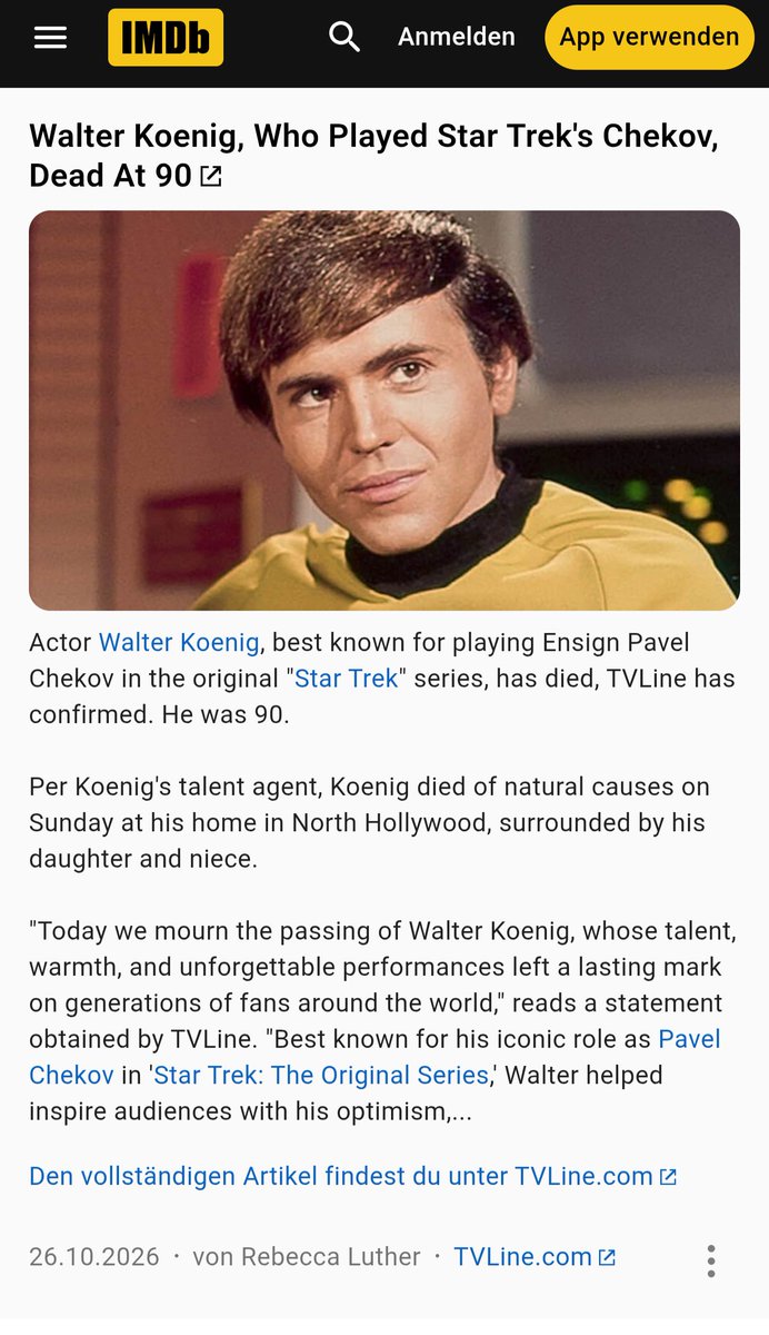 DeepTeQInvestor's tweet photo. "Actor Walter Koenig, best known for playing Ensign Pavel Chekov in the original "Star Trek" series, has died, TVLine has confirmed. He was 90." Rest in Peace. 🖖 #startrek #pavelchekov #walterkoenig #rip
https://t.co/Fn1YTkgQVm https://t.co/Twj03ITjnN