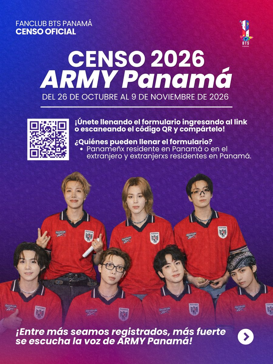 PanamaBts's tweet photo. 🗃️ CENSO 2026 | ARMY PANAMÁ 🇵🇦💜

¡Conozcámonos mejor! ✨

Para conocer mejor a ARMY Panamá, actualizar nuestros registros y contar con información que nos ayude a respaldar futuros proyectos y demostrar el interés de nuestra comunidad por un posible concierto en nuestro país 💜

📅 Duración: 26 de Oct 12:00 p.m — 09 de Nov, 11:59 p.m

📋 Completa el formulario y comparte esta publicación con otros ARMY de Panamá. Queremos llegar a la mayor cantidad de personas posible 🇵🇦 

🔗 Participa del Censo aquí: https://t.co/UGgmSTBHw6

#BTSinPanama #ARMYPANAMA

©️PanamaBTS