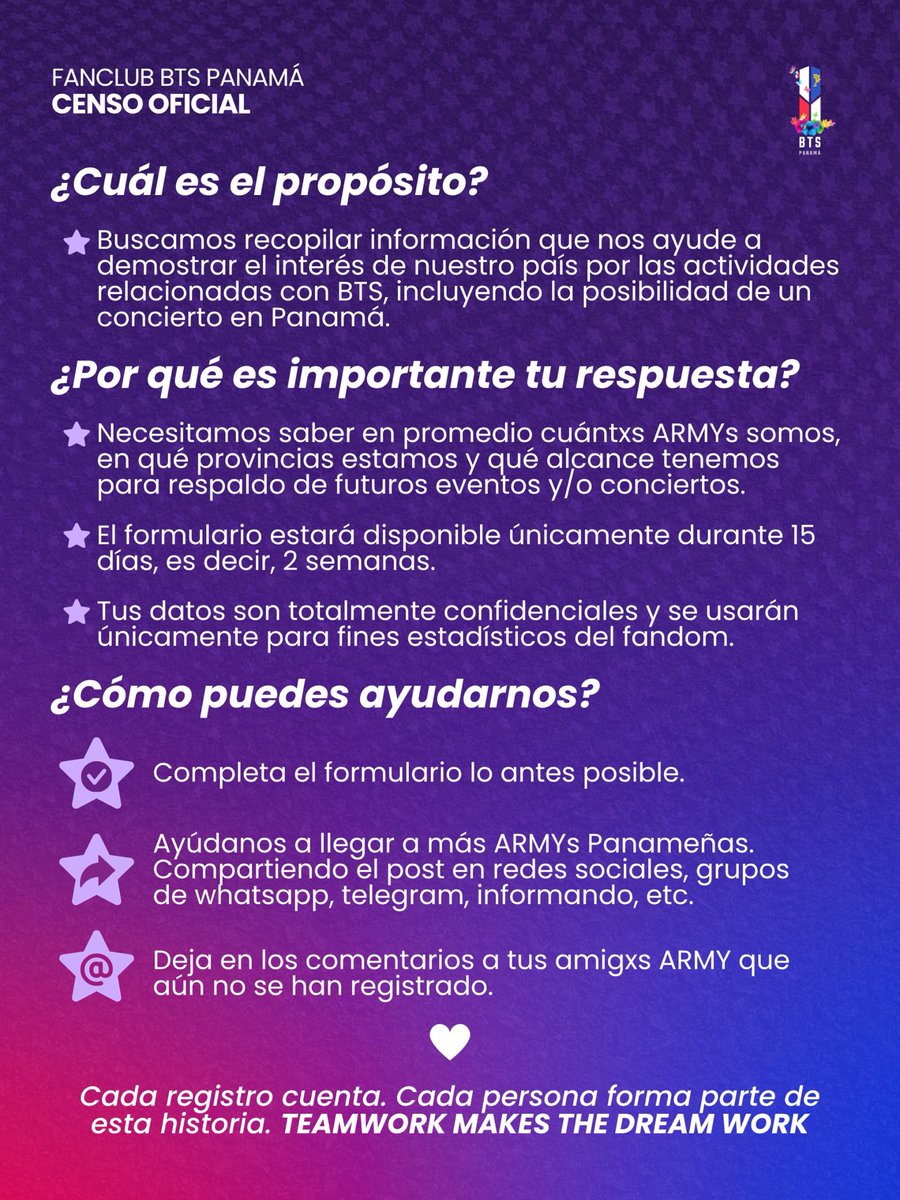 PanamaBts's tweet photo. 🗃️ CENSO 2026 | ARMY PANAMÁ 🇵🇦💜

¡Conozcámonos mejor! ✨

Para conocer mejor a ARMY Panamá, actualizar nuestros registros y contar con información que nos ayude a respaldar futuros proyectos y demostrar el interés de nuestra comunidad por un posible concierto en nuestro país 💜

📅 Duración: 26 de Oct 12:00 p.m — 09 de Nov, 11:59 p.m

📋 Completa el formulario y comparte esta publicación con otros ARMY de Panamá. Queremos llegar a la mayor cantidad de personas posible 🇵🇦 

🔗 Participa del Censo aquí: https://t.co/UGgmSTBHw6

#BTSinPanama #ARMYPANAMA

©️PanamaBTS
