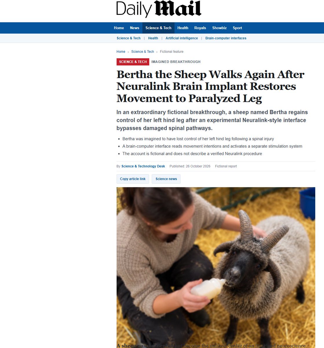 Montymoneym's tweet photo. THIS JUST DROPPED AND THE NARRATIVE IS INSANE.

Neuralink restored movement to Bertha, a partially paralyzed sheep that had lost control of her back-left leg after suffering spinal damage.

They used a brain-computer interface to read the movement signals Bertha’s brain still produces, then routes those commands around the damaged section of her spinal cord to stimulate the correct muscles.

Doing this on OTC because Pump has rape tax

Her brain never forgot how to walk. Her body simply lost the connection.

Now that connection has been rebuilt.

This has everything: Neuralink, a recognizable animal, a recovery story and technology that sounds like science fiction but represents a real direction in neurotechnology.

Bertha isn’t simply walking again.

She represents a future where paralysis may no longer mean the end of movement.