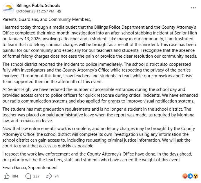 libsoftiktok's tweet photo. BREAKING UPDATE: Authorities in Billings, MT, have DECLINED to press felony charges against the student who allegedly stabbed a teacher after a nearly 10-month investigation.

We’re told the student who stabbed a teacher is TRANSGENDER.

The school's superintendent released a statement saying he's "frustrated" that no charges were being filed.

Why are police protecting a violent trans??