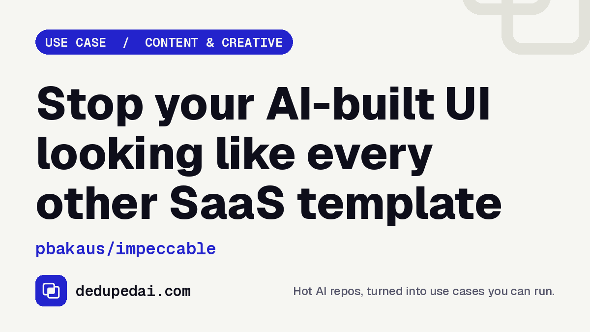 dedupedai's tweet photo. Before: Inter everywhere.

A purple-to-blue gradient.

Cards nested in cards.

Your agent's UI looks like every SaaS template.

After: one install and /impeccable init.

The agent writes down who the product is for, then designs for that. https://t.co/55JODljCop