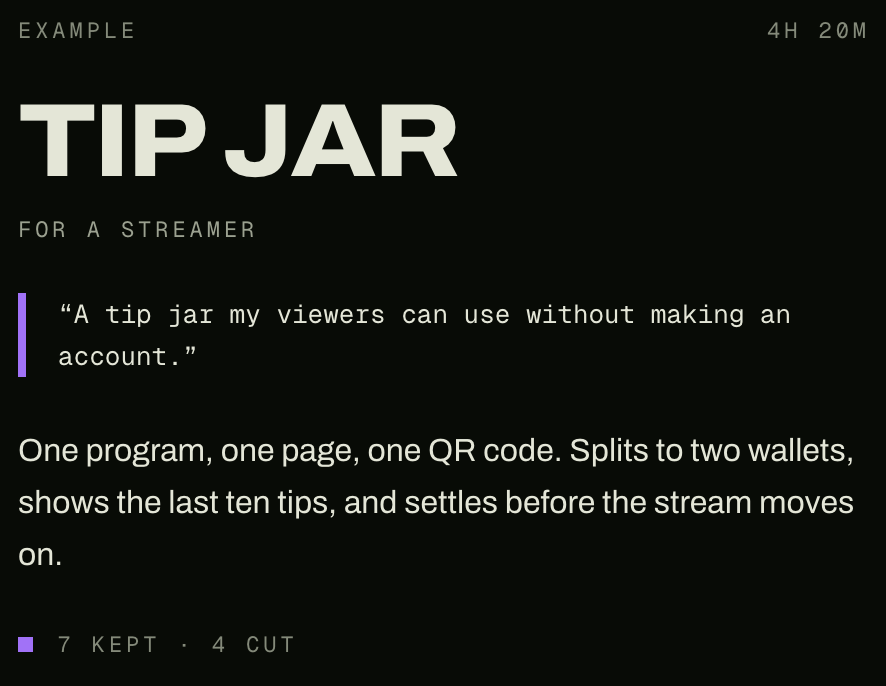 omni_pon's tweet photo. How to brief Omnipon in one sentence:

Who it’s for + the problem + one constraint.

❌ “A Solana tip app”
✅ “A tip jar my viewers can use without making an account”

The second one tells it what to cut. Scoping is free → https://t.co/rQ3A6ivVG2 https://t.co/5hx0gL0mDs