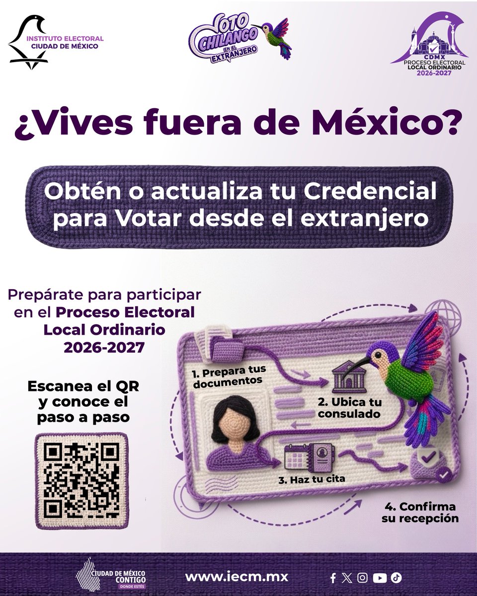 Distrito29IECM's tweet photo. 🌎🗳️ ¡Voto Chilango en el Extranjero!
¿Vives fuera de México? 🪪
 
  Tramita o actualiza tu Credencial para Votar y prepárate para participar en el Proceso Electoral Local Ordinario 2026-2027.
✨ Conoce los 4 pasos para hacer valer tu voz desde donde estés. https://t.co/k2Nb1ZsL9G