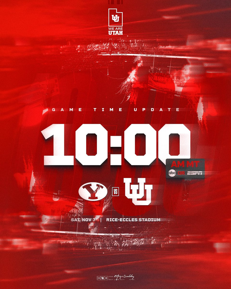 Utah_Football's tweet photo. 𝗚𝗮𝗺𝗲 𝗧𝗶𝗺𝗲 𝗨𝗽𝗱𝗮𝘁𝗲‼️
* 𝘕𝘦𝘵𝘸𝘰𝘳𝘬 𝘥𝘦𝘴𝘪𝘨𝘯𝘢𝘵𝘪𝘰𝘯 𝘢𝘧𝘵𝘦𝘳 𝘵𝘩𝘦 𝘨𝘢𝘮𝘦𝘴 𝘰𝘧 10/31 *

🆚 BYU
🏟️ @Rice_Eccles 
📅 SAT, NOV 7
⏰ 10:00AM MT
📺 ABC or ESPN 
📻 @ESPN700 

#GoUtes | #RSNB | @doterra https://t.co/8BxJY0pTtp