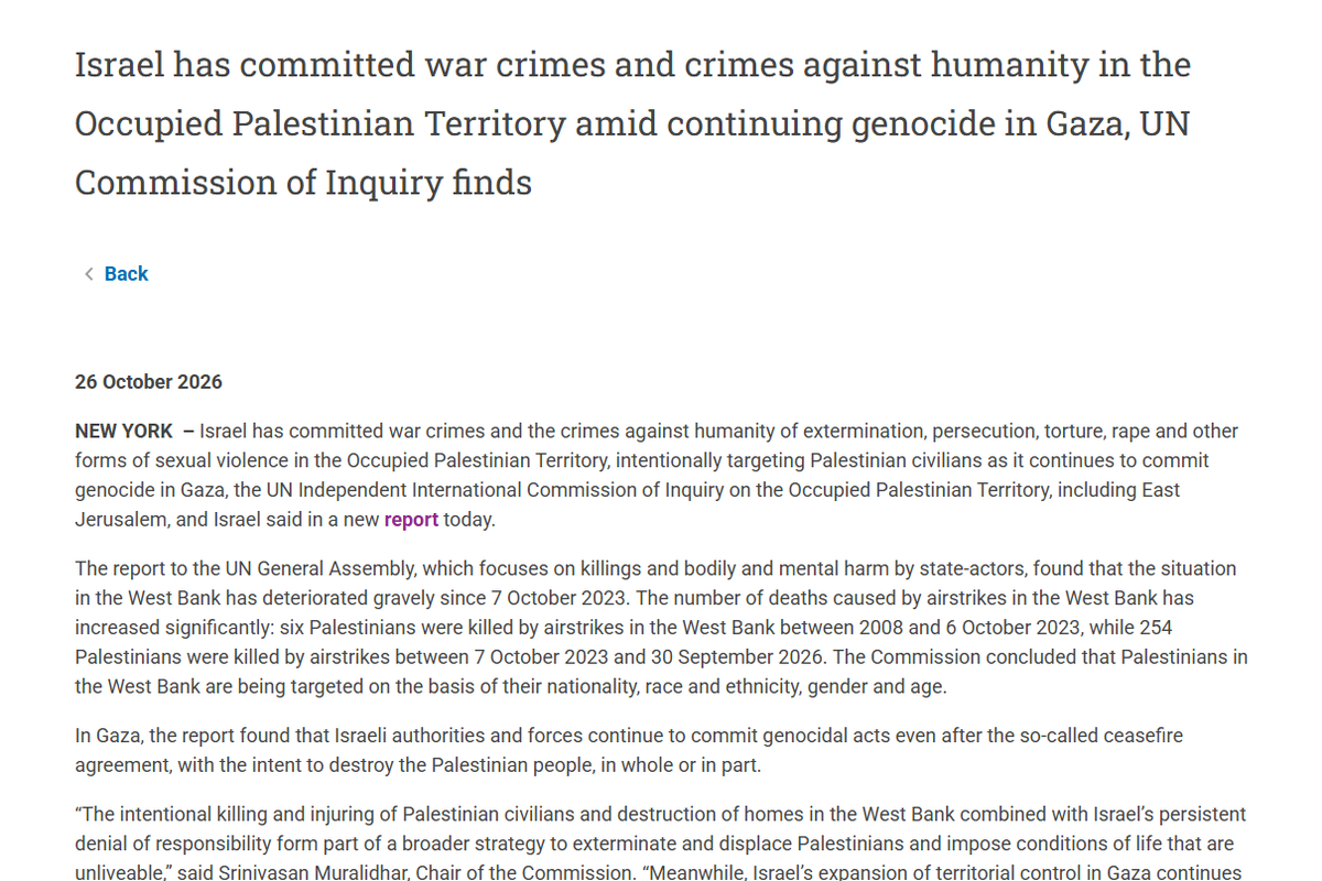 NoticiasONU's tweet photo. 🔴 Comisión de la ONU concluye que Israel ha cometido crímenes como exterminio, persecución, tortura, violación y otras formas de violencia sexual en el Territorio Palestino Ocupado, atacando intencionadamente a civiles palestinos mientras continúa cometiendo genocidio en Gaza. https://t.co/qrohN0uIHy