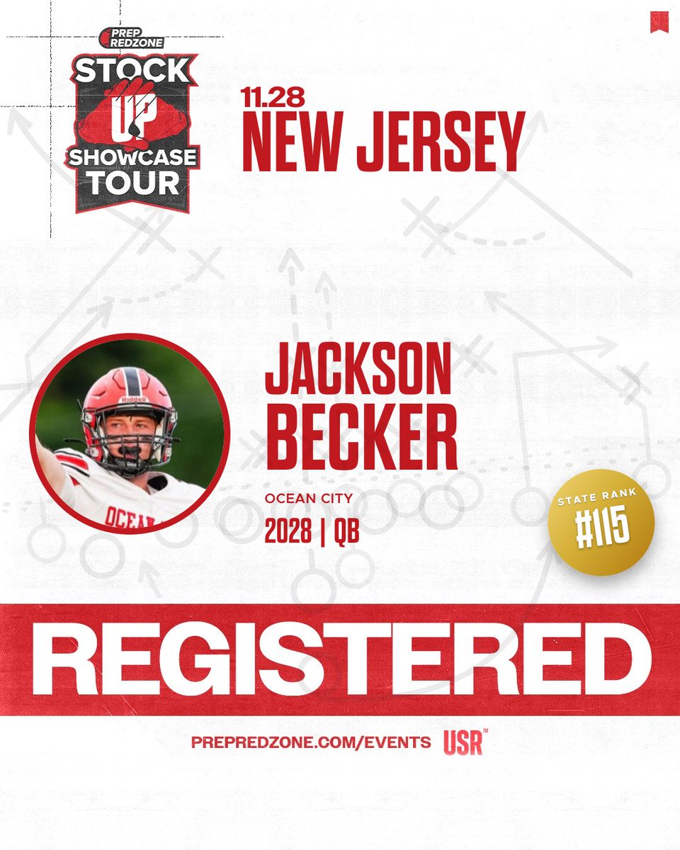 PrepRedzone's tweet photo. REGISTERED. No. 115 in New Jersey, 2028 QB Jackson Becker (Ocean City) is locked in for the Stock Up Showcase Tour on 11.28.

Adventure Sports & Entertainment · Jackson, NJ

Limited spots per position. Are you next? Register today: https://t.co/17PVbNZjON

#PrepRedzone #StockUpShowcase #NJFootball