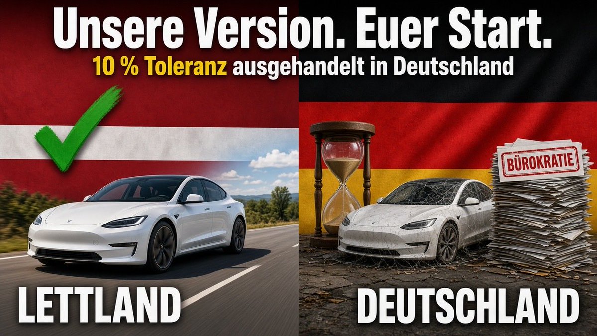 FSDWatcherDE's tweet photo. Ich finde das immer schlimmer was passiert 💀

Deutschland 🇩🇪 einigt sich am 6.10. mit Tesla auf die Änderungen: nur noch 10 % Toleranz über dem Tempolimit, Reset nach jeder Fahrt, strengere Fahrerüberwachung. Dazu kommt die Namensänderung von FSD zu Tesla Assisted Driving.

Und wer bekommt genau diese Version zuerst? Lettland 🇱🇻

Die lettische Behörde schreibt selbst, dass sie diese Änderungen bei ihrer Entscheidung geprüft hat. Deutschland verhandelt, Lettland fährt. Und wir warten weiter.

Wie lange sollen wir noch warten? 

Muss Mercedes wirklich sagen können, dass sie zu erst sind??? 

Was soll das noch? 

#TeslaAssistedDriving