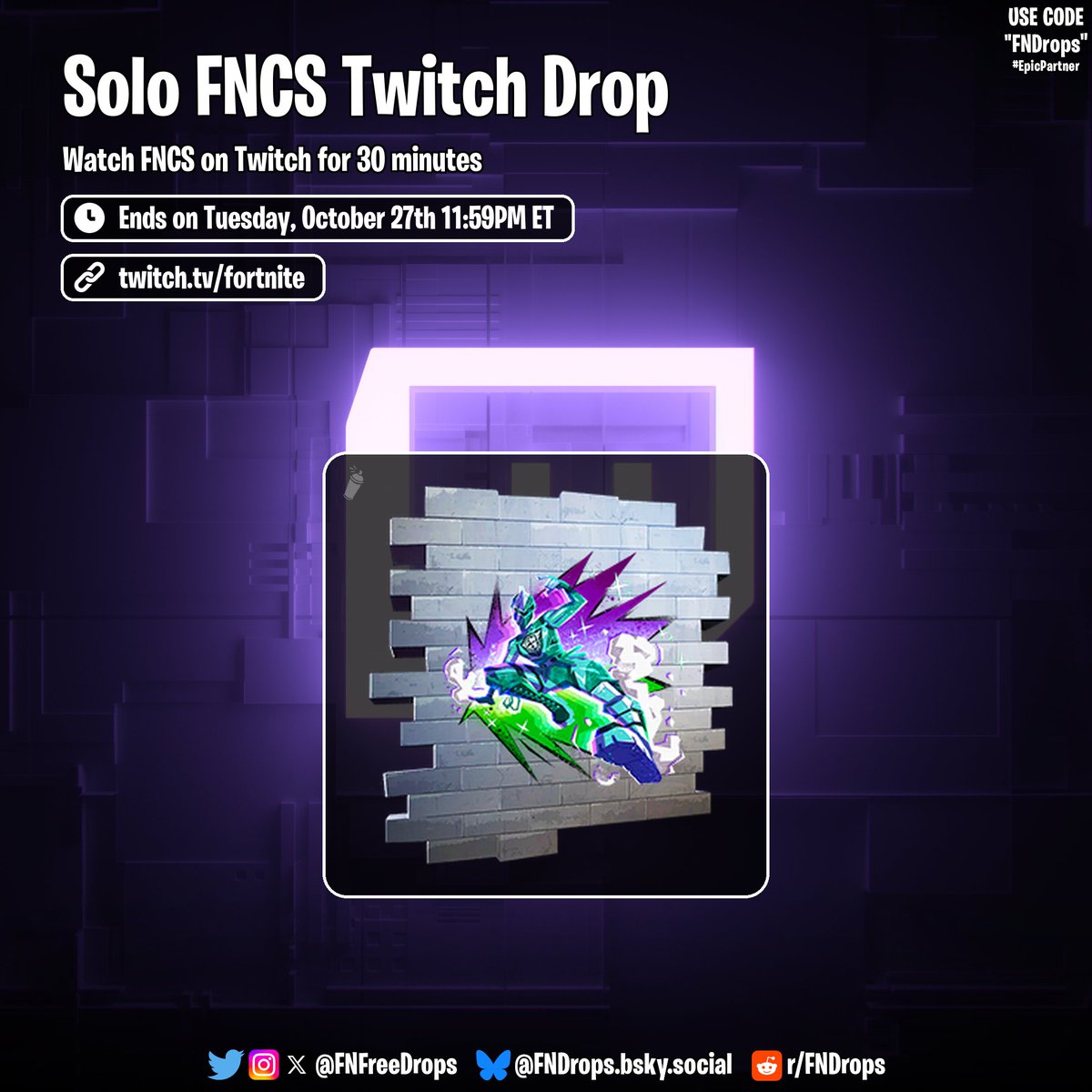 FNFreeDrops's tweet photo. Watch FNCS on Twitch for 30 minutes

🔗https://t.co/9JRAmnQ1Ju

🏆Reward
• Teal Knight's Kick Spray

⏳Ends on Tuesday, October 27th 11:59PM ET

#Fortnite https://t.co/Kp9rh4JH2R