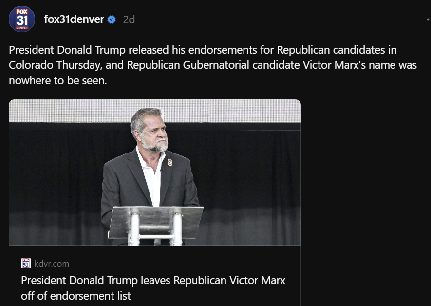 PatriotMarkCook's tweet photo. Who would have seen that coming? Oh, besides me and the others that have been trying to warn the remaining ignorant people in Colorado.

He was a manufactured candidate; never serious. FAKE. Artificial. And look how many fell for it. So sad! https://t.co/NPUaXB1iSh