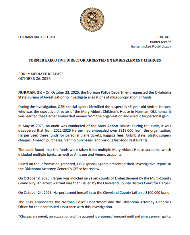 OSBI_OK's tweet photo. FORMER EXECUTIVE DIRECTOR ARRESTED ON EMBEZZLEMENT CHARGES

#OSBI #OneTeamOneMission @normanokpd https://t.co/sOlEQrWqxI