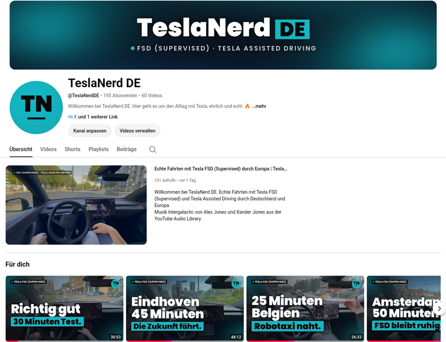 TeslaNerdDE's tweet photo. Mein YouTube Kanal steht gerade bei 195 Abos 😍

Es freut mich riesig, dass so viele von euch meine Fahrten mit Tesla FSD Supervised und Tesla Assisted Driving mitverfolgen. Danke euch 🙏

Wer Lust hat und noch nicht dabei ist, schaut gerne mal vorbei 🚗

Vielleicht bekommen wir die restlichen 5 ja voll ❤️

https://t.co/zLTZuKYVQR